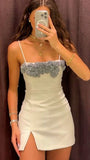 Off-White Spaghetti Straps Bodycon Satin Short Party Dresses Homecoming Dress HZ1024