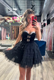 Black Sweetheart Neck A-Line Tulle Short Prom Dresses Homecoming Dress with Diamonds HZ1024