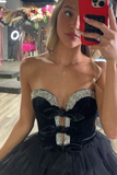 Black Sweetheart Neck A-Line Tulle Short Prom Dresses Homecoming Dress with Diamonds HZ1024