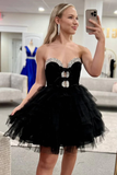 Black Sweetheart Neck A-Line Tulle Short Prom Dresses Homecoming Dress with Diamonds HZ1024