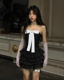 Black Strapless A-Line Satin Short Prom Dresses Homecoming Dress with Bow HZ1024