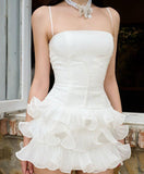 White Spaghetti Straps A-Line Lace Tulle Short Prom Dresses Homecoming Dress HZ1024