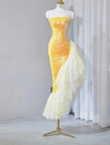 Bright Yellow Strapless Mermaid Sequined Tulle Long Prom Dresses Formal Evening Gowns HZ1024