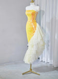 Bright Yellow Strapless Mermaid Sequined Tulle Long Prom Dresses Formal Evening Gowns HZ1024