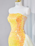 Bright Yellow Strapless Mermaid Sequined Tulle Long Prom Dresses Formal Evening Gowns HZ1024