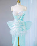 Ice Blue Strapless Bodycon Sequin Short Prom Dresses Homecoming Dress with Bow HZ1024