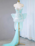 Ice Blue Strapless Bodycon Sequin Short Prom Dresses Homecoming Dress with Bow HZ1024