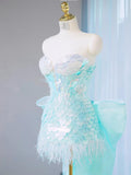 Ice Blue Strapless Bodycon Sequin Short Prom Dresses Homecoming Dress with Bow HZ1024