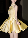 Butter Yellow Turtleneck A-Line Satin Short Prom Dresses Homecoming Dress HZ1024