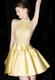 Butter Yellow Turtleneck A-Line Satin Short Prom Dresses Homecoming Dress HZ1024