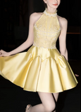 Butter Yellow Turtleneck A-Line Satin Short Prom Dresses Homecoming Dress HZ1024