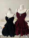 Burgundy/Black Spaghetti Straps Glitter Velvet A-Line Short Evening Gowns Sweet Homecoming Dress HZ1024