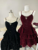 Burgundy/Black Spaghetti Straps Glitter Velvet A-Line Short Evening Gowns Sweet Homecoming Dress HZ1024