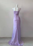 Purple Spaghetti Straps Sheath Satin Long Prom Dresses Formal Evening Gowns Short Ball Gowns HZ1024