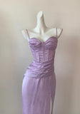 Purple Spaghetti Straps Sheath Satin Long Prom Dresses Formal Evening Gowns Short Ball Gowns HZ1024