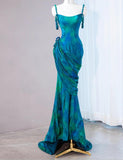 Turquoise Scoop Mermaid Jacquard Satin Long Prom Dresses Elegant Formal Evening Gowns HZ1024