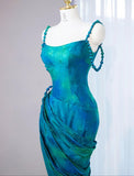 Turquoise Scoop Mermaid Jacquard Satin Long Prom Dresses Elegant Formal Evening Gowns HZ1024