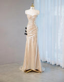 Champagne V-neck Mermaid Glitter Satin Long Prom Dresses Fashion Formal Evening Gowns HZ1024