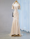 Champagne V-neck Mermaid Glitter Satin Long Prom Dresses Fashion Formal Evening Gowns HZ1024