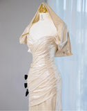Champagne V-neck Mermaid Glitter Satin Long Prom Dresses Fashion Formal Evening Gowns HZ1024