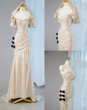 Champagne V-neck Mermaid Glitter Satin Long Prom Dresses Fashion Formal Evening Gowns HZ1024