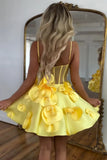 Yellow Spaghetti Straps A-Line Satin Applique Short Prom Dresses Pretty Homecoming Dress HZ1024