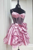 Yellow Spaghetti Straps A-Line Satin Applique Short Prom Dresses Pretty Homecoming Dress HZ1024