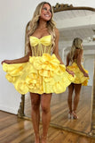 Yellow Spaghetti Straps A-Line Satin Applique Short Prom Dresses Pretty Homecoming Dress HZ1024