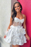Yellow Spaghetti Straps A-Line Satin Applique Short Prom Dresses Pretty Homecoming Dress HZ1024