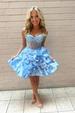 Yellow Spaghetti Straps A-Line Satin Applique Short Prom Dresses Pretty Homecoming Dress HZ1024
