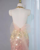 Ombre Peach Tulle V-Neck Mermaid Gold Sequins Long Prom Dresses Glam Formal Evening Dress HZ1024