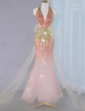 Ombre Peach Tulle V-Neck Mermaid Gold Sequins Long Prom Dresses Glam Formal Evening Dress HZ1024