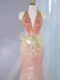 Ombre Peach Tulle V-Neck Mermaid Gold Sequins Long Prom Dresses Glam Formal Evening Dress HZ1024