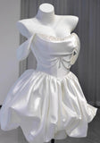 White Off-the-shoulder A-Line Satin Short Prom Dresses Homecoming Dress with Pearls HZ1024