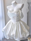 White Off-the-shoulder A-Line Satin Short Prom Dresses Homecoming Dress with Pearls HZ1024