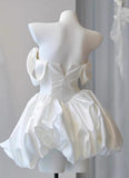 White Off-the-shoulder A-Line Satin Short Prom Dresses Homecoming Dress with Pearls HZ1024