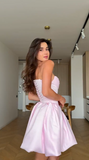 Pink Strapless A-Line Satin Short Prom Dresses Elegant Homecoming Dress HZ1024