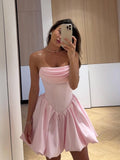 Pink Strapless A-Line Satin Short Prom Dresses Elegant Homecoming Dress HZ1024