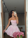 Pink Strapless A-Line Satin Short Prom Dresses Elegant Homecoming Dress HZ1024