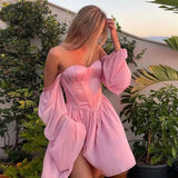 Pink Sweetheart Neck A-Line Chiffon Long Sleeve Short Prom Dresses Fashion Homecoming Dress HZ1024