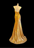 Gold Spaghetti Straps Mermaid Satin Long Prom Dresses Backless Evening Gowns With Slit HZ1024
