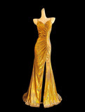 Gold Spaghetti Straps Mermaid Satin Long Prom Dresses Backless Evening Gowns With Slit HZ1024