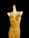 Gold Spaghetti Straps Mermaid Satin Long Prom Dresses Backless Evening Gowns With Slit HZ1024