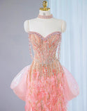 Pink Sweetheart Mermaid Beaded Tulle Long Prom Dresses Formal Evening Gowns HZ1024