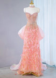 Pink Sweetheart Mermaid Beaded Tulle Long Prom Dresses Formal Evening Gowns HZ1024