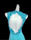 Blue Halter Mermaid Chiffon Appliques Long Prom Dresses Formal Evening Gowns With Open Back HZ1024