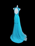 Blue Halter Mermaid Chiffon Appliques Long Prom Dresses Formal Evening Gowns With Open Back HZ1024