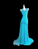 Blue Halter Mermaid Chiffon Appliques Long Prom Dresses Formal Evening Gowns With Open Back HZ1024