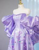 Purple Off-shoulder A-Line Satin Long Prom Dresses Sweet Evening Gowns With Appliques HZ1024