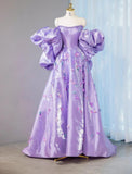 Purple Off-shoulder A-Line Satin Long Prom Dresses Sweet Evening Gowns With Appliques HZ1024
